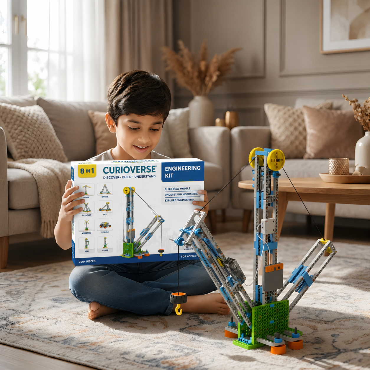Child holding Curioverse Engineering Kit with built crane model
